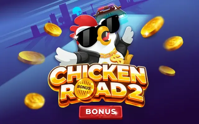 Chicken Road 2.0 Bonus avec ses deux personnages et ses pièces d'or