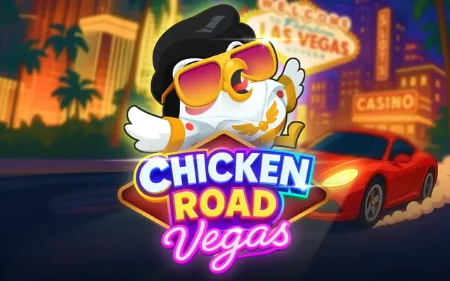 Chicken Road Vegas sur le Strip avec néons et décapotable
